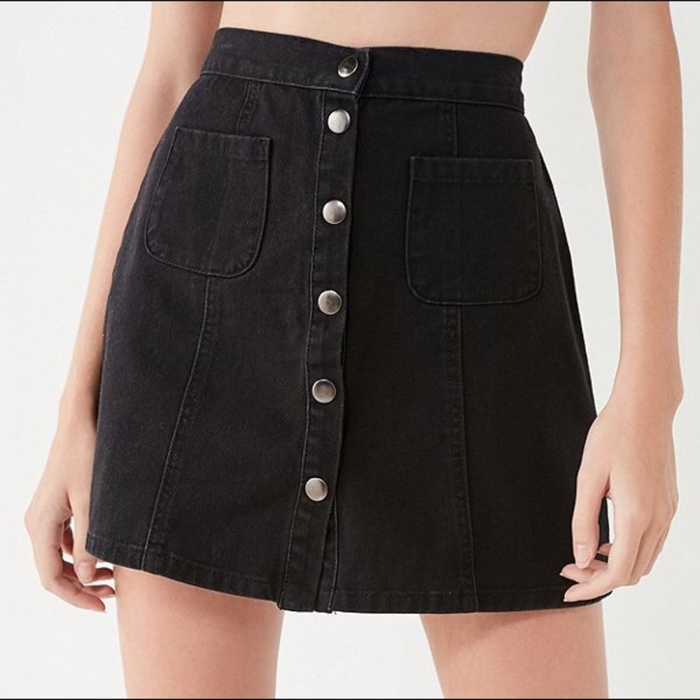 Black Button-Front A-Line Denim Skirt